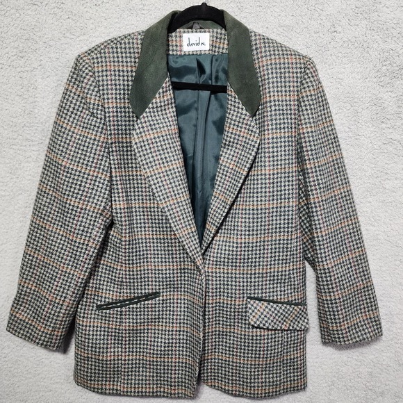 David N Womens Blazer Plaid 100% Wool Tweed Blazer Suede Collar Size 12 Vintage - Picture 1 of 7